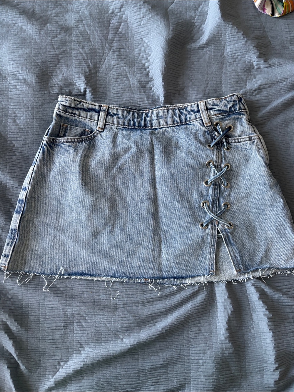 Zara Denim Lace-Up Mini Skirt - Light Blue